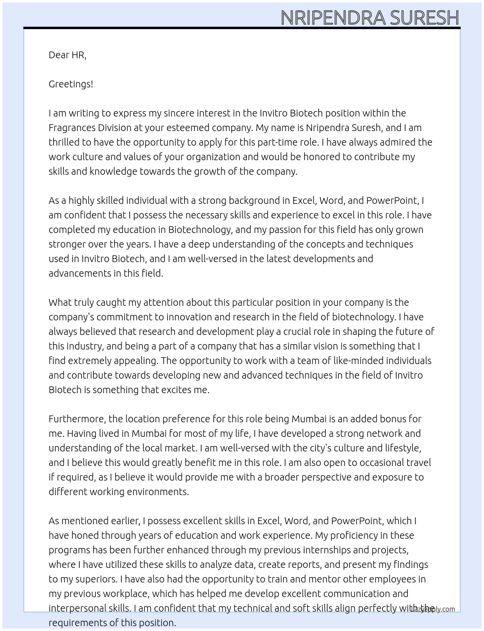 Invitro Biotech At FRAGRANCES DIVISION Cover Letter