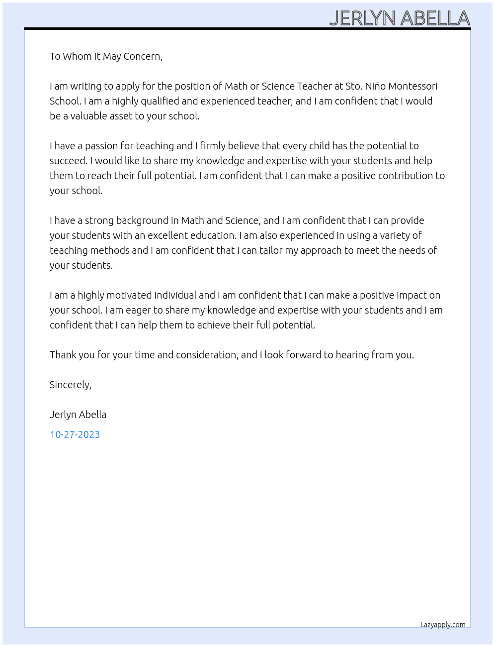 Math or Science Teacher At Sto. Niño Montessori School Cover Letter