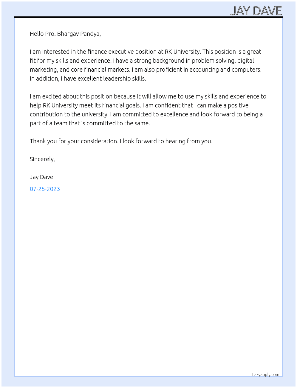 Finance executive  At RK UNIVERSITY  Cover Letter
