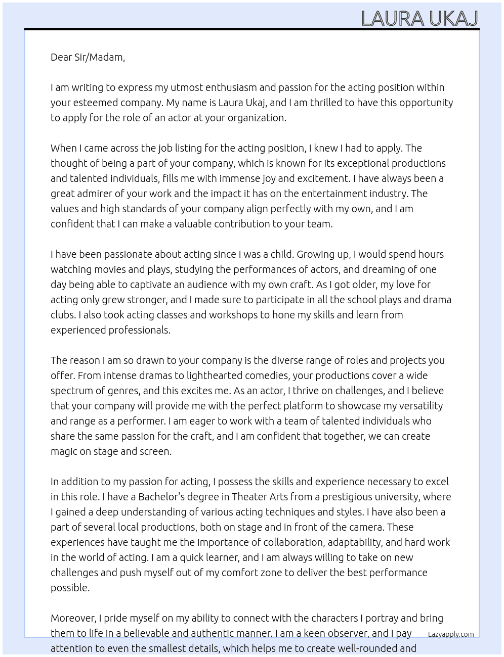 acting At acting  Cover Letter
