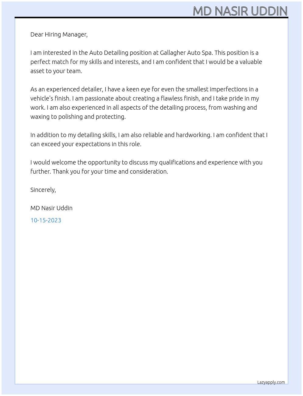 Auto Detailing  At Gallagher Auto Spa Cover Letter