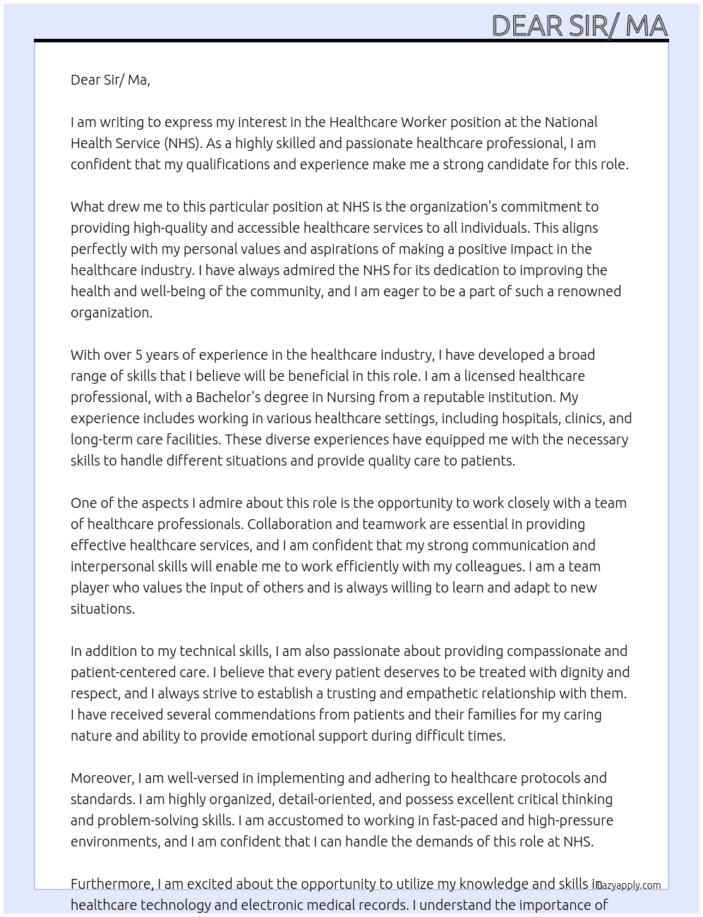 Healthcare worker  At NHS Cover Letter