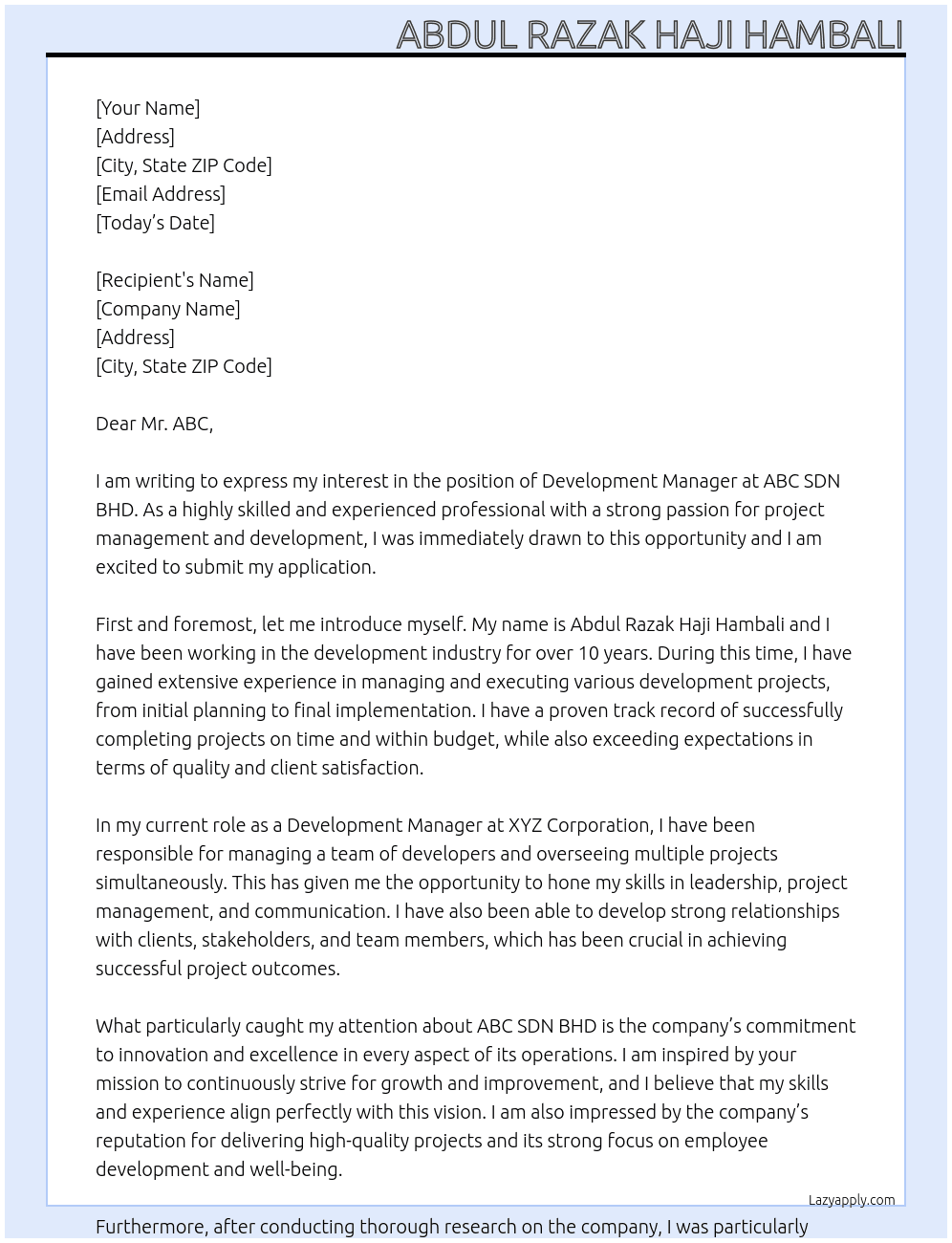 development manager At ABC SDN BHD Cover Letter