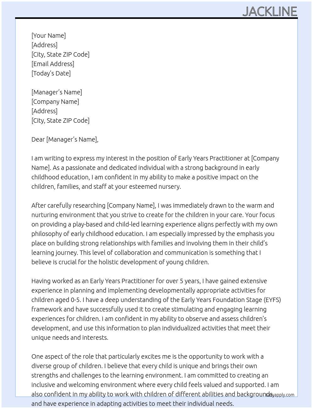 Early Years Practitioner At nursery Cover Letter