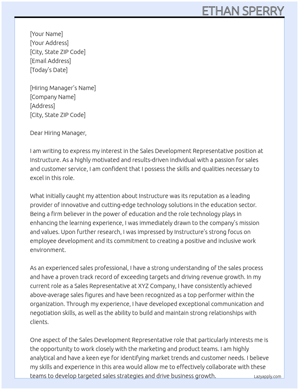 Sales Development Representative At Instructure Cover Letter
