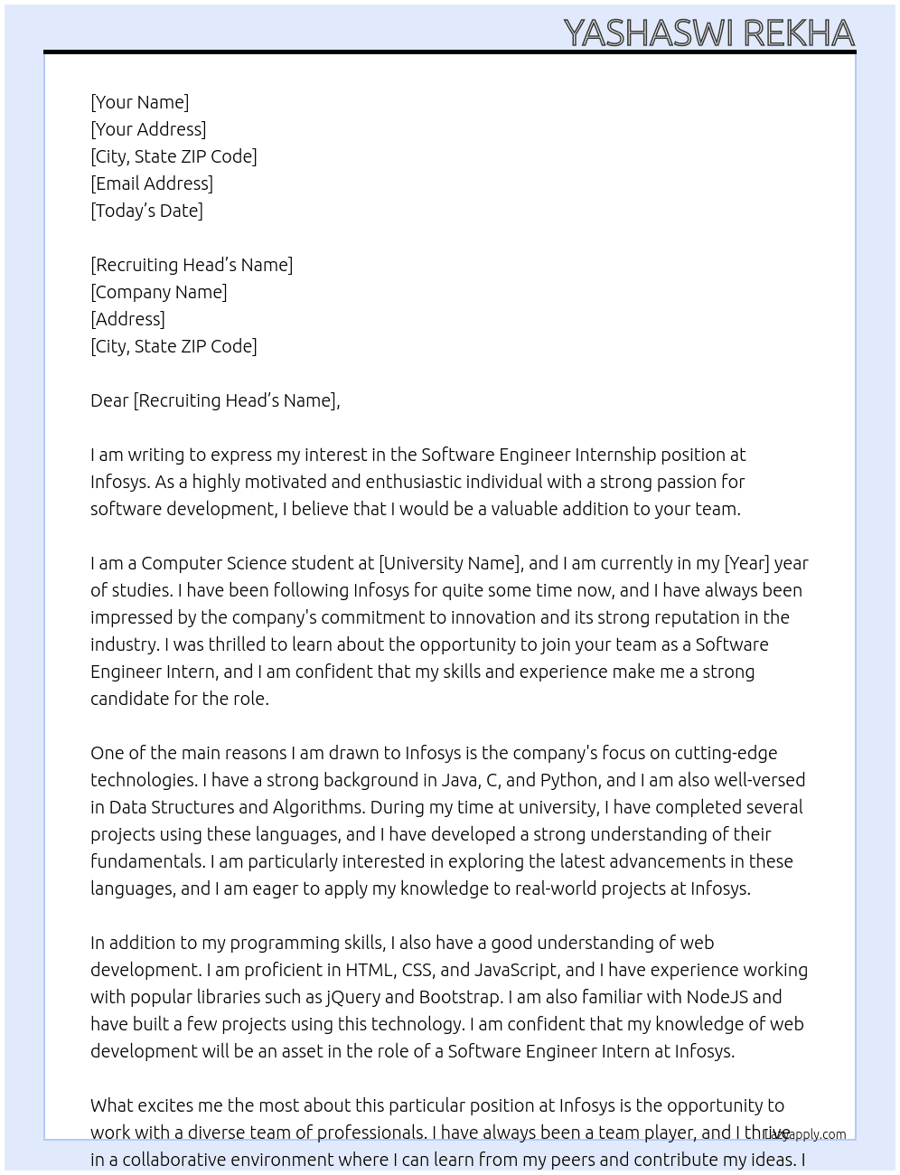 Software Engineer Internship  At Infosys  Cover Letter
