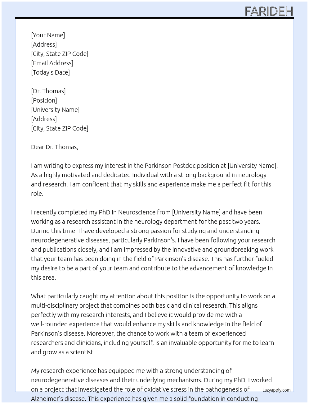parkinson postdoc At universty Cover Letter