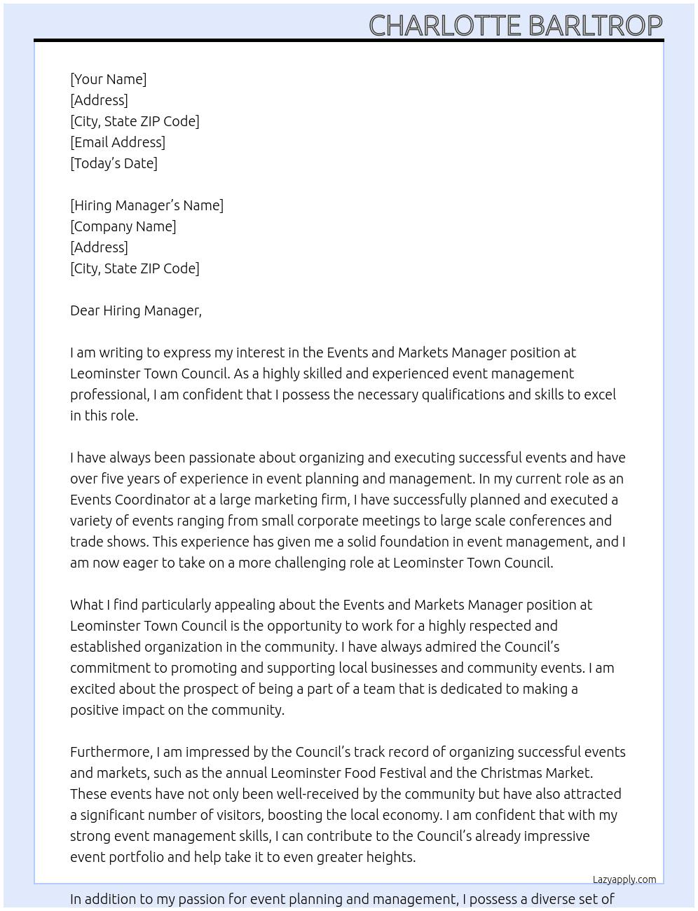 Events and Markets Manager At Leominster Town COuncil Cover Letter