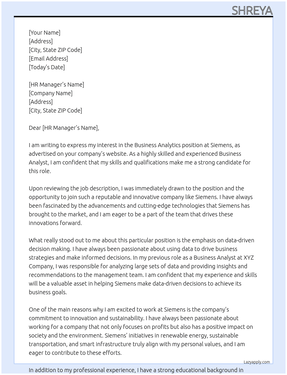 Cover letter for business analytic - LazyApply
