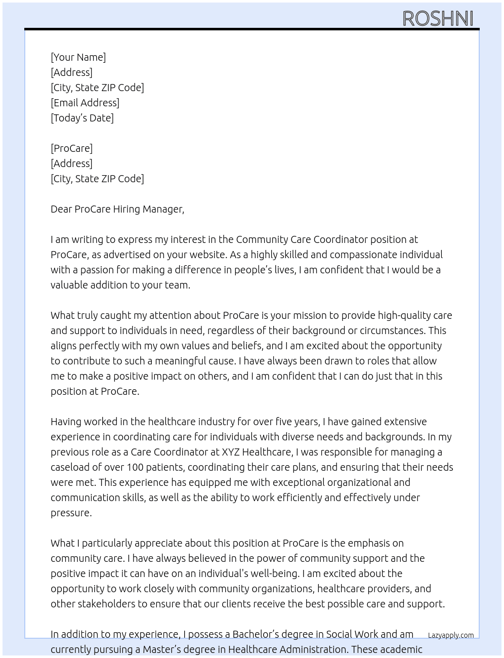 Community Care Coordinator At ProCare Cover Letter