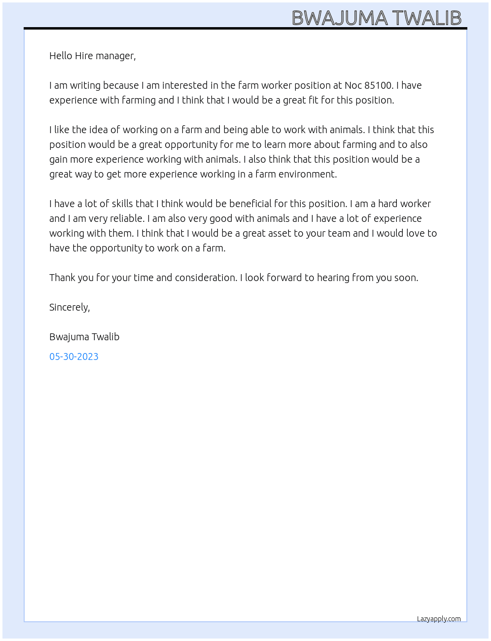 Farm worker At Noc 85100 Cover Letter