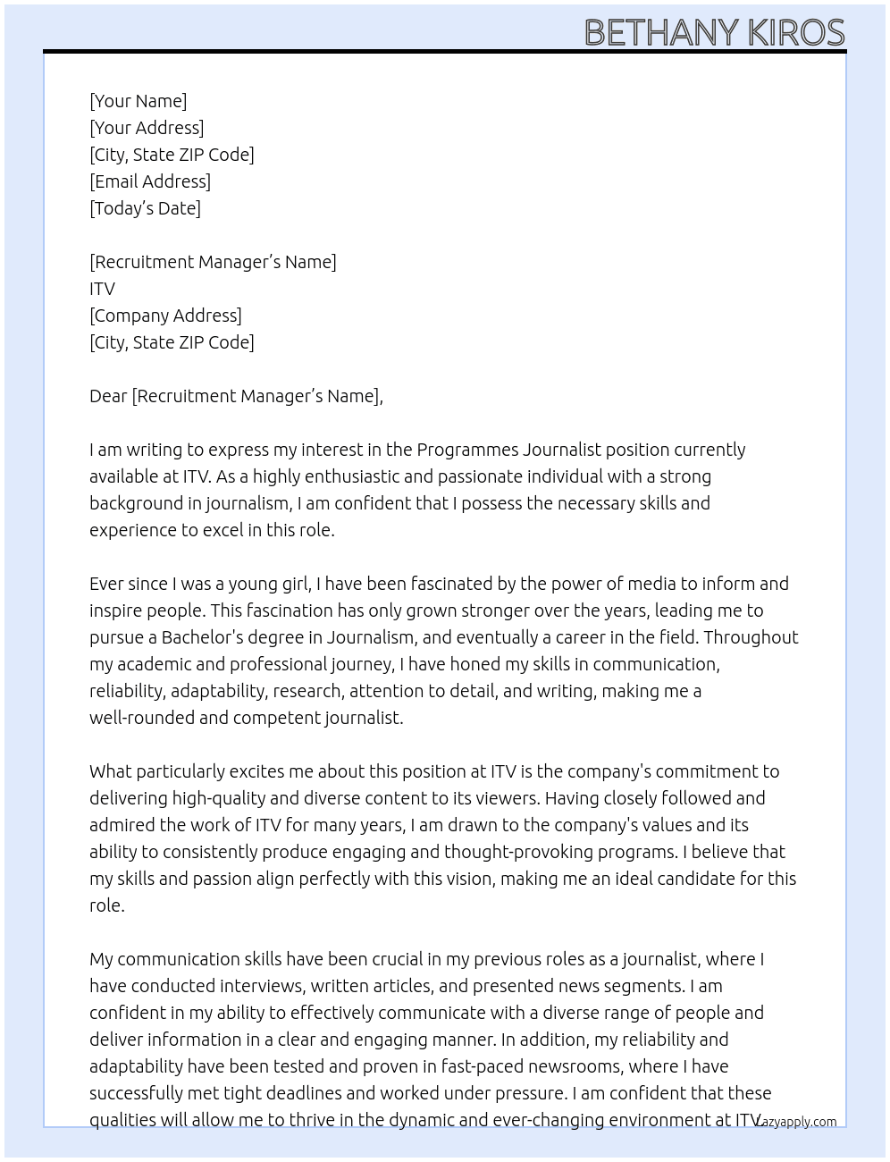 Programmes journalist At ITV Cover Letter