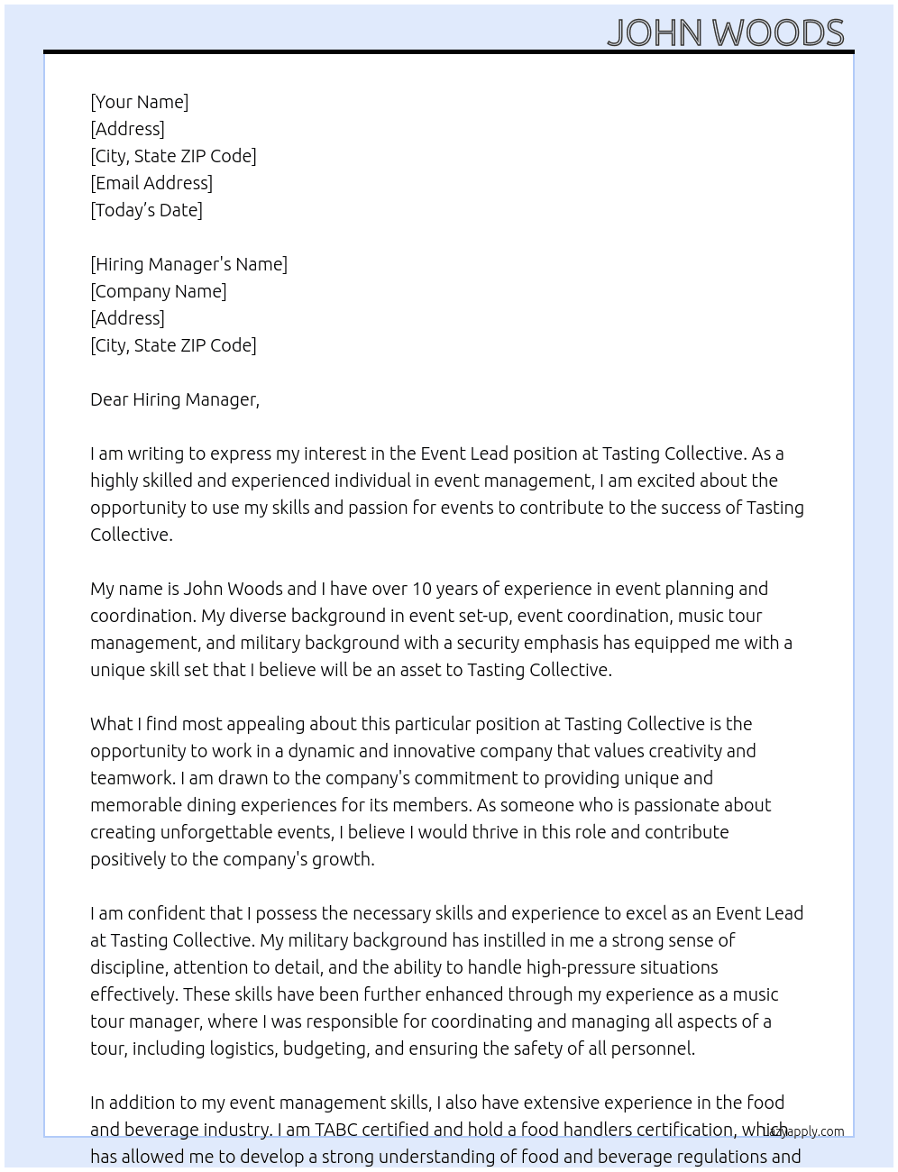 Event Lead At Tasting Collective  Cover Letter