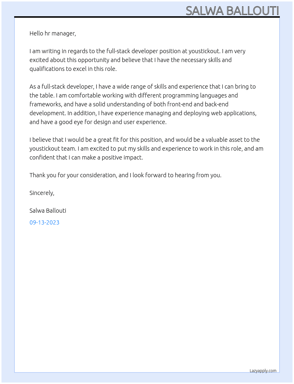 full-stack developer At youstickout Cover Letter