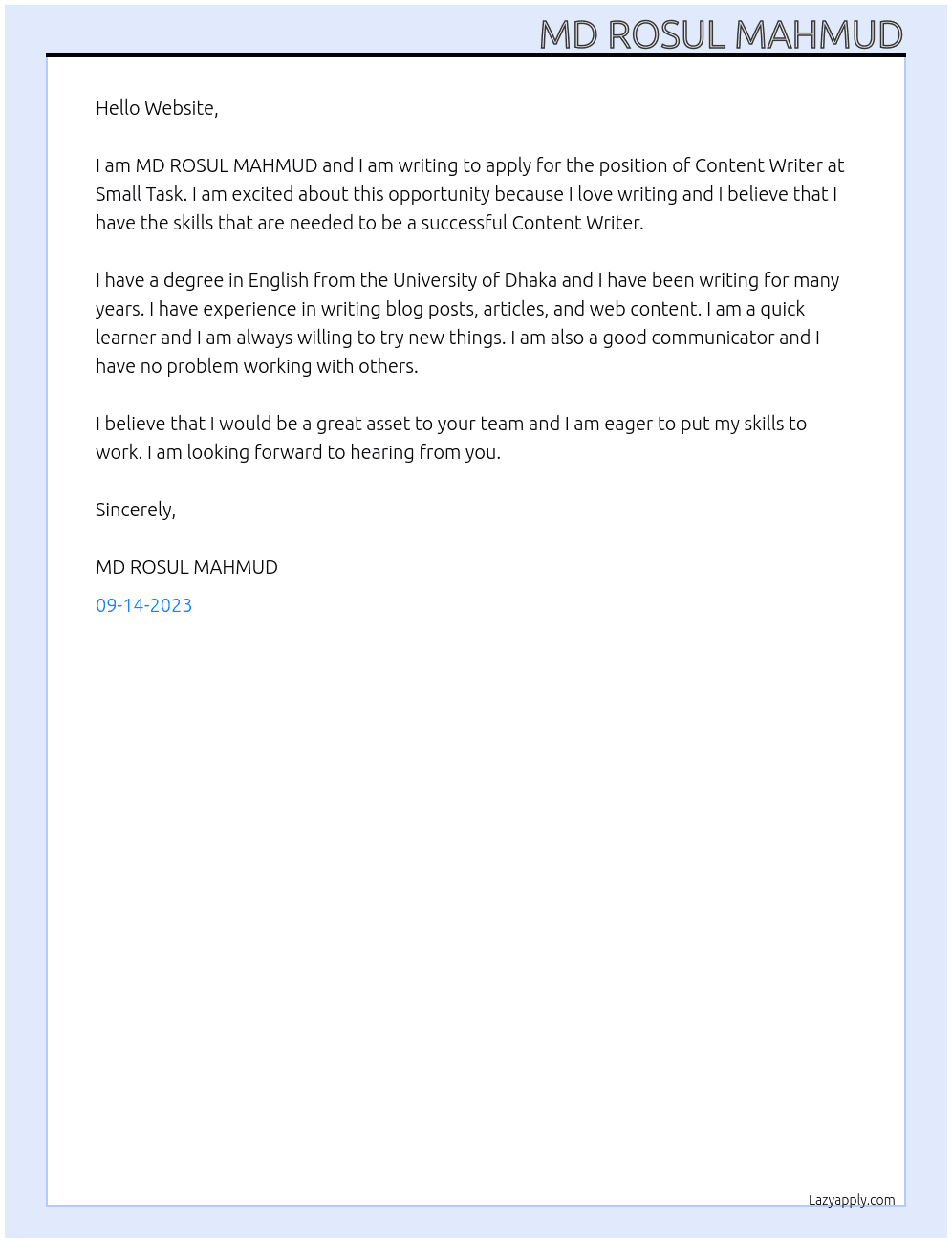 Content writing  At Small task Cover Letter