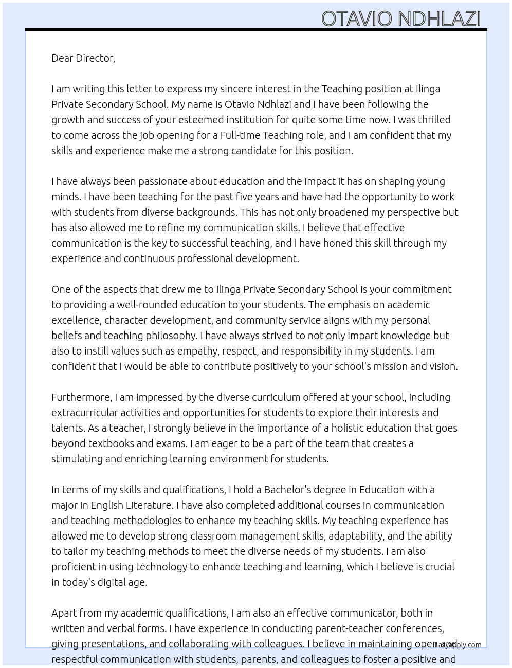 Teaching At Ilinga private secondary school  Cover Letter