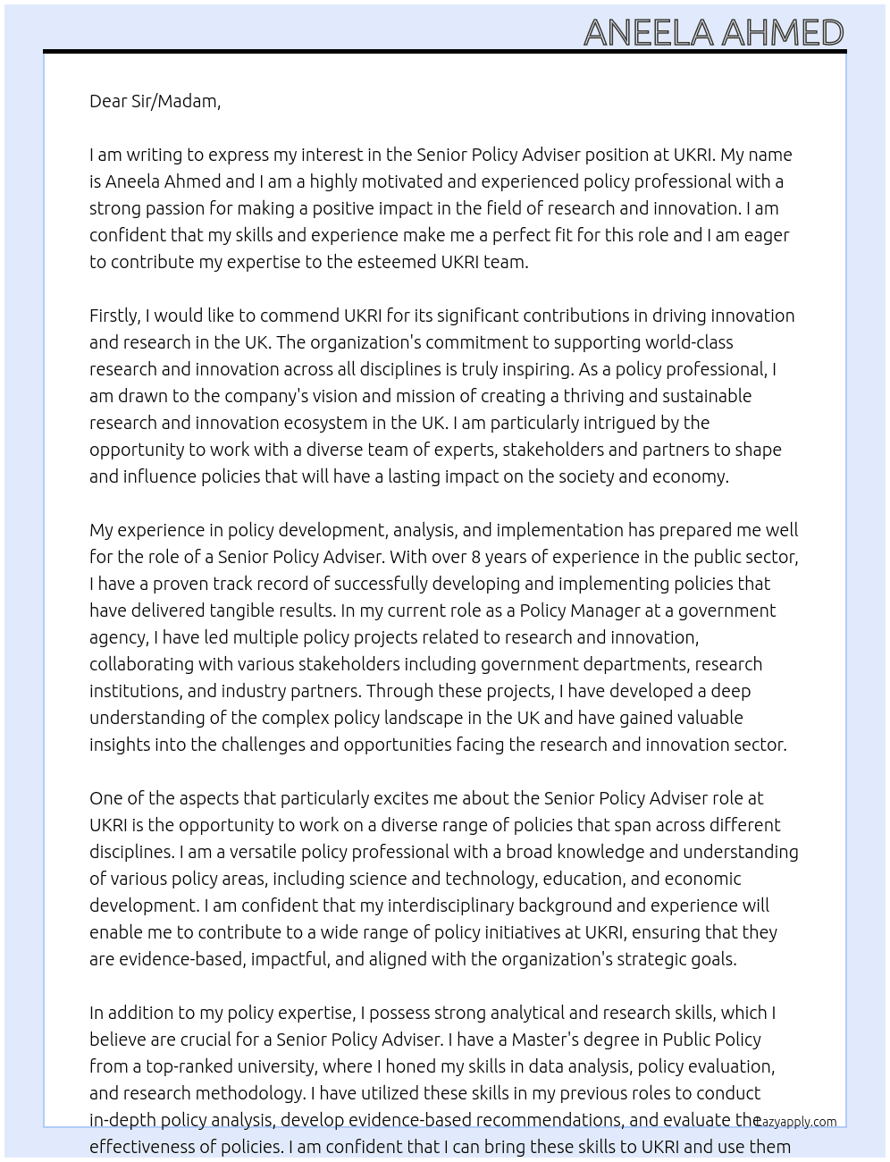 Senior Policy Adviser At UKRI Cover Letter