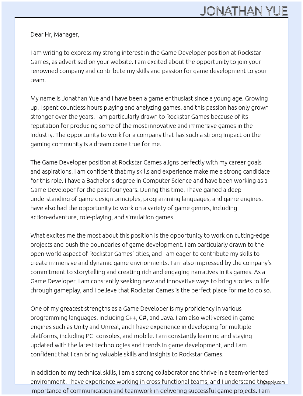 Game Developer At Rockstar Games Cover Letter