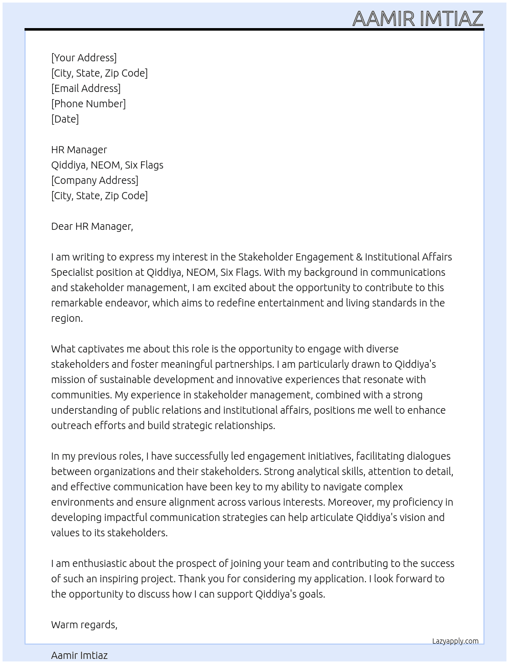 Stakeholder Engagement & Institutional Affairs Specialist At Qiddiya, NEOM, Six Flags  Cover Letter
