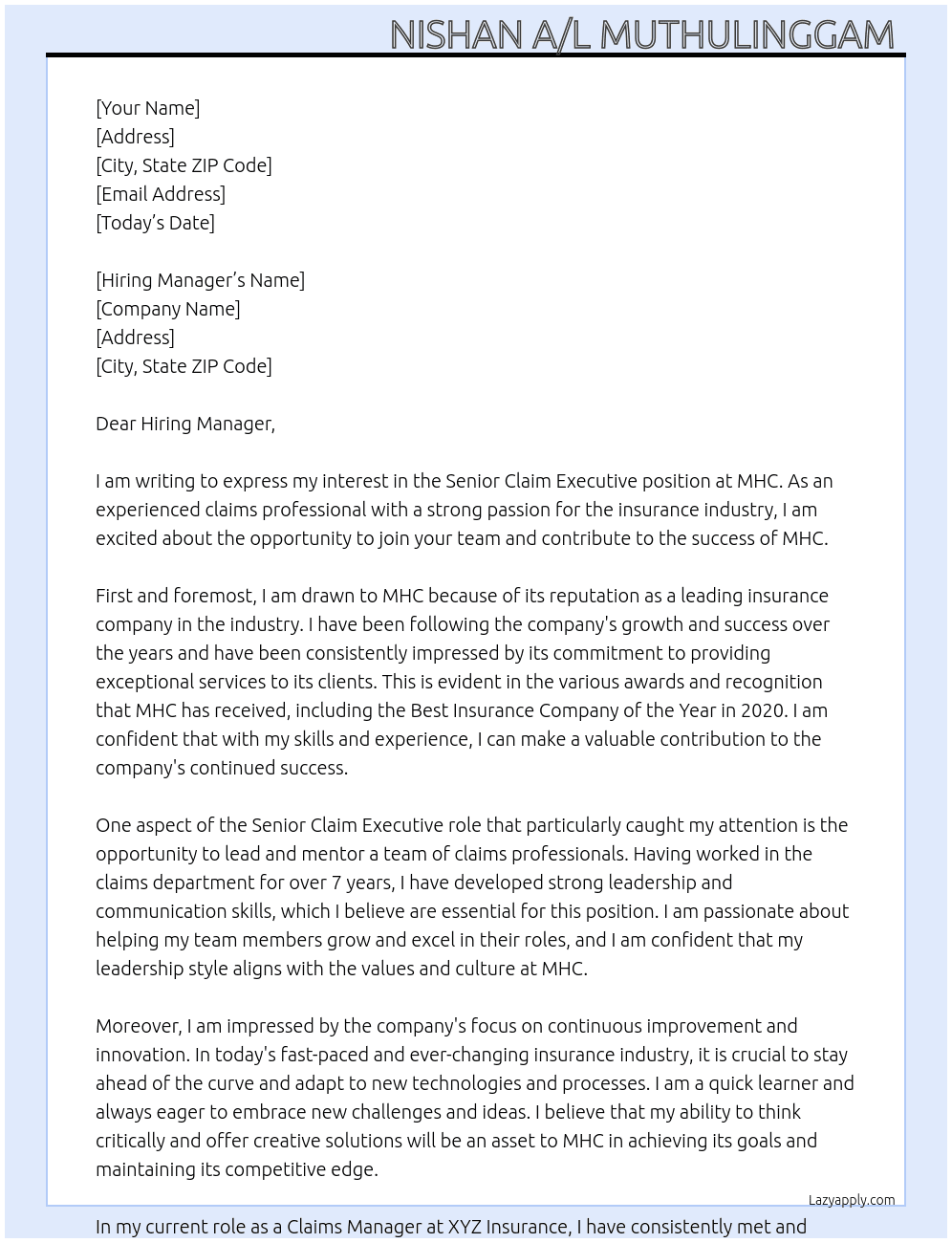 Senior Claim Executive  At MHC Cover Letter
