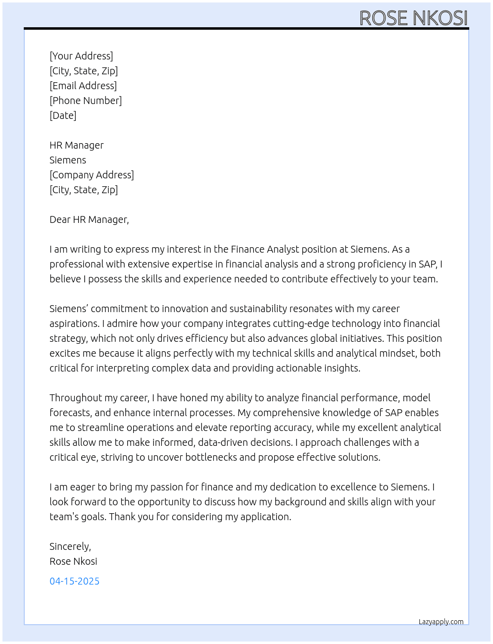Finance analyst At siemens Cover Letter