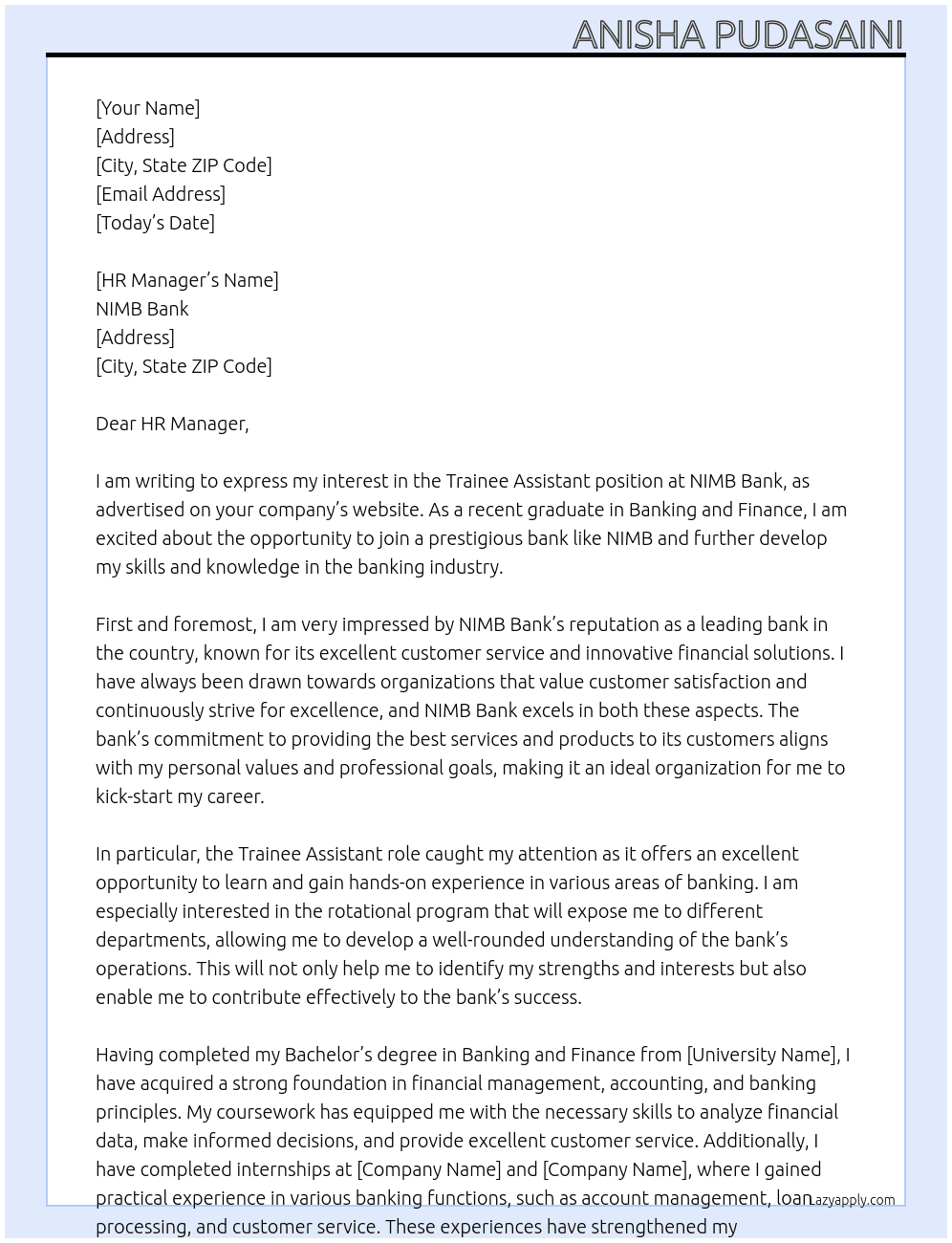 Trainee Assistant At NIMB Bank  Cover Letter