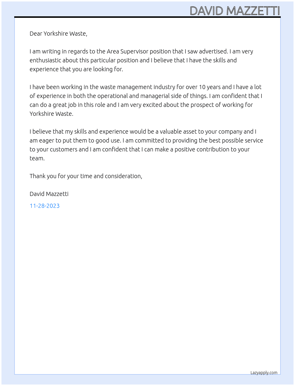 area supervisor At yorkshire waste Cover Letter
