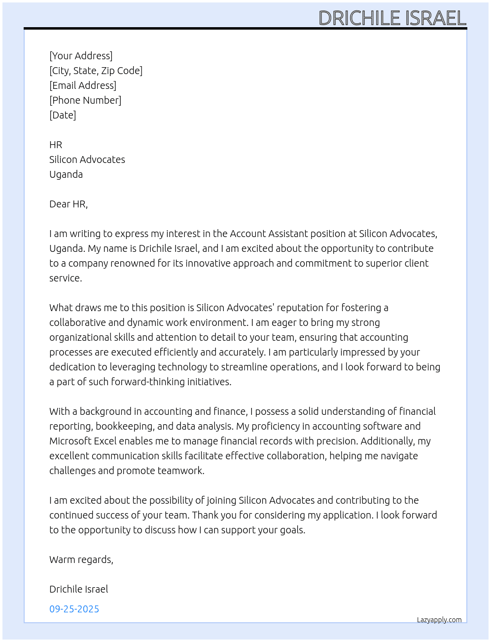 Cover letter for account assistant - LazyApply