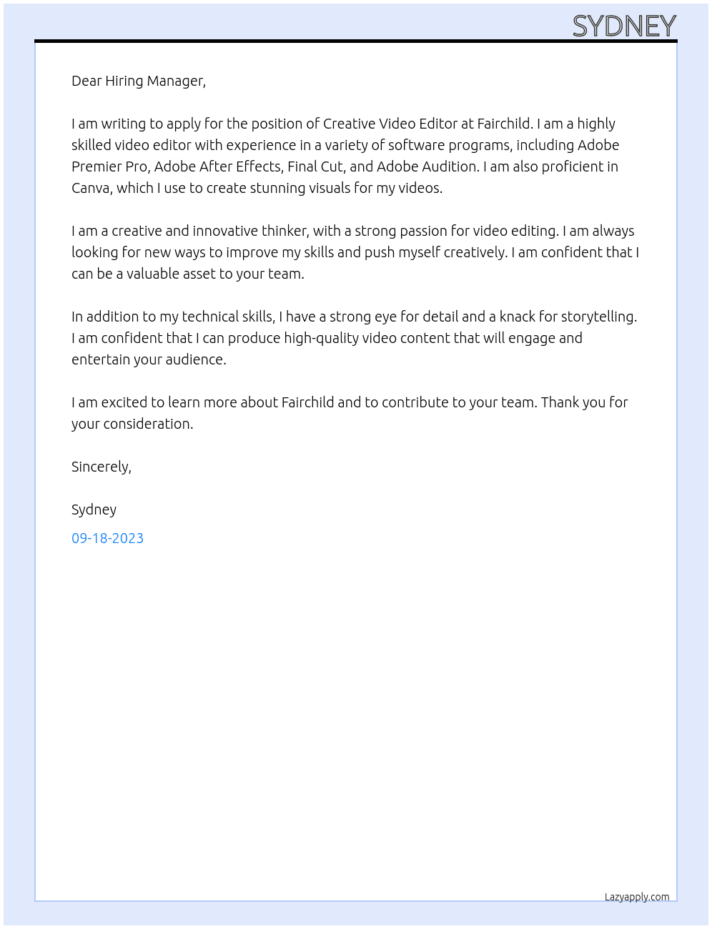 Creative Video Editor At fairchild Cover Letter