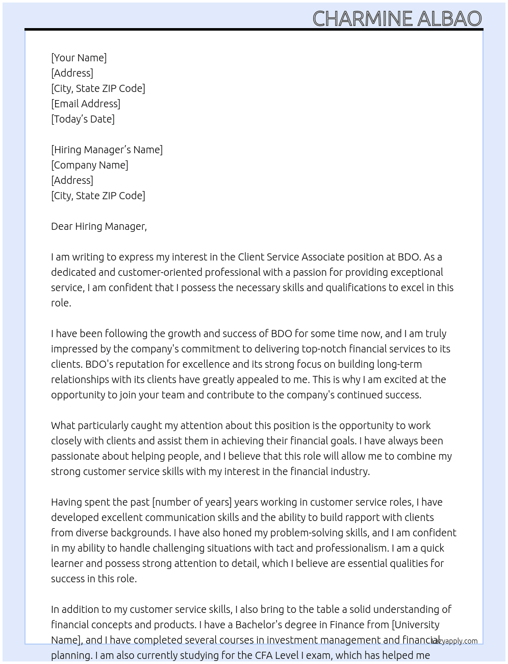 Client Service Associate At BDO  Cover Letter