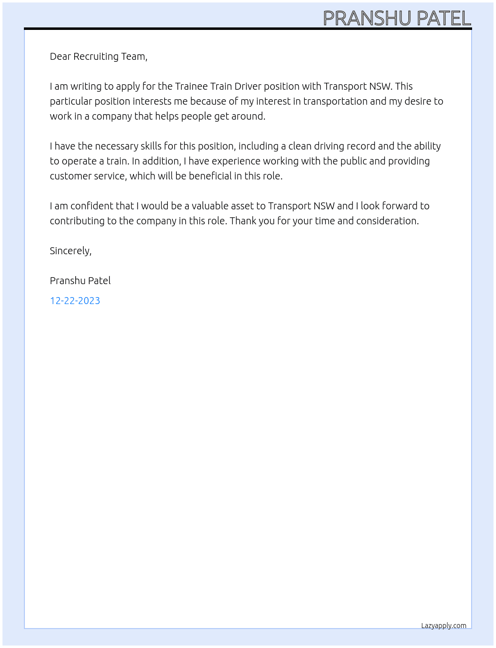 Trainee Train Driver At Transport NSW Cover Letter