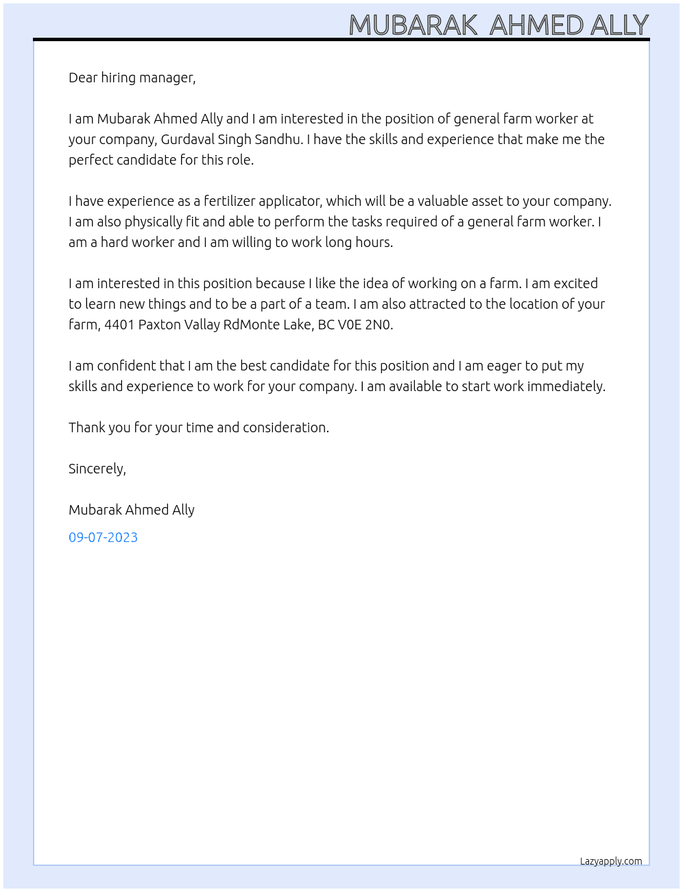 General farm worker At Gurdaval Singh Sandhu Cover Letter