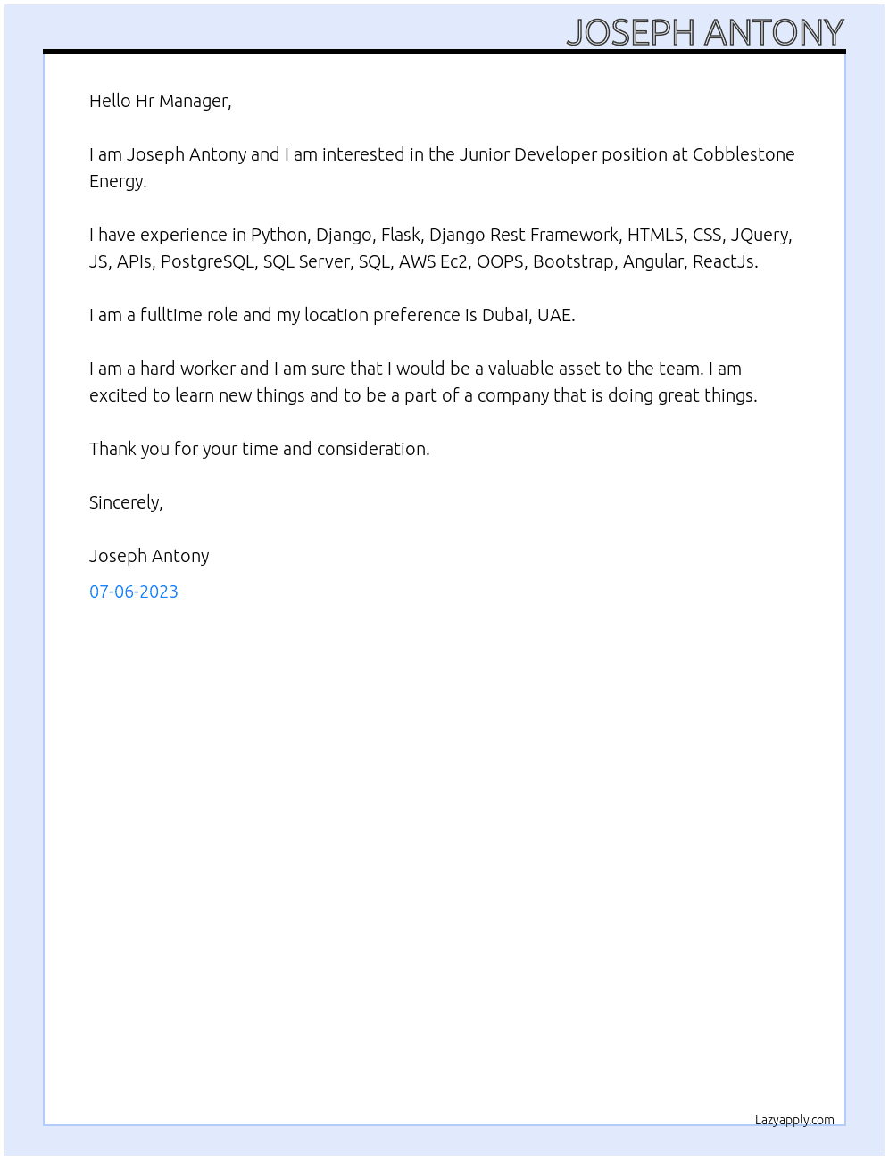 Junior Developer At Cobblestone Energy Cover Letter