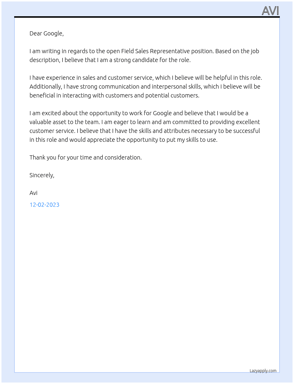 Field Sales Representative At Google Cover Letter