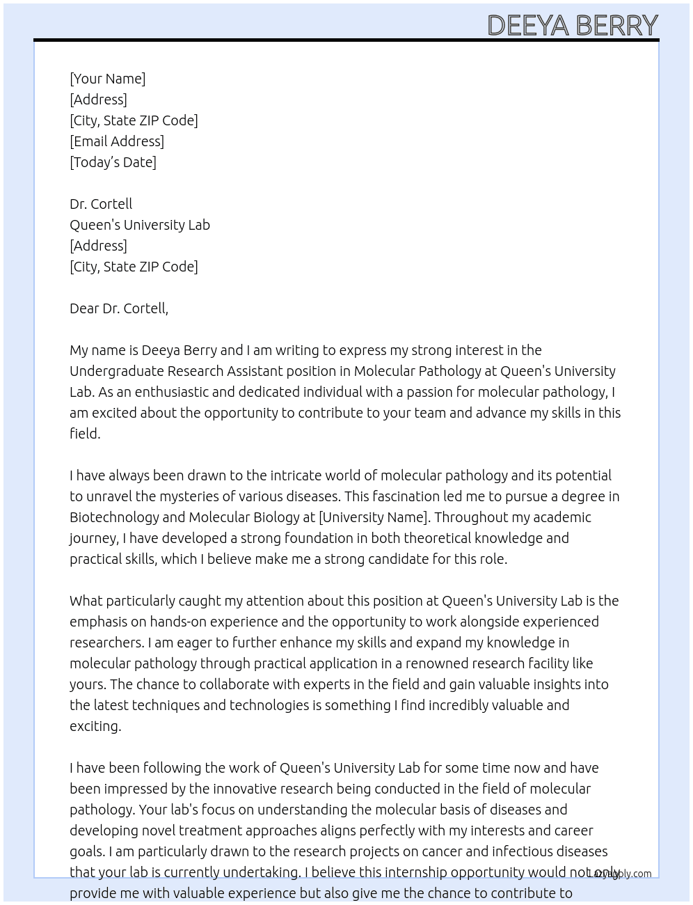 Undergraduate Research Assistant in Molecular Pathology At Queen's University Lab Cover Letter