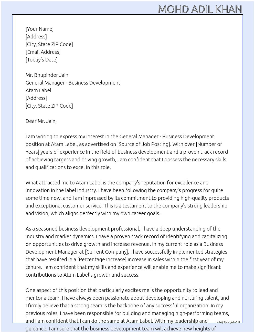 General Manager - Business Development At Atam Label Cover Letter