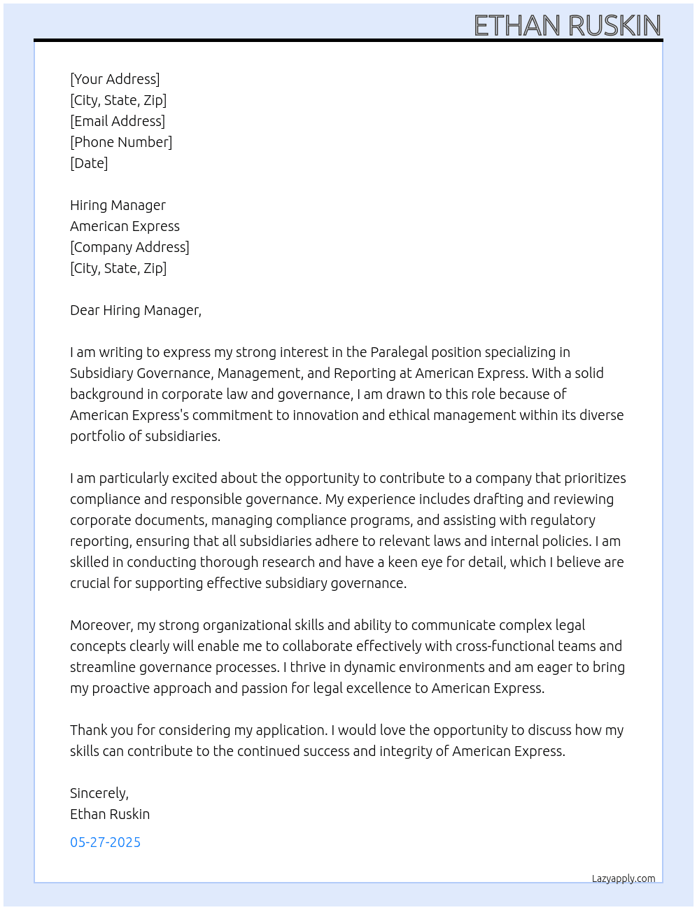 Cover letter for paralegal - subsidiary governance, management, and reporting - LazyApply