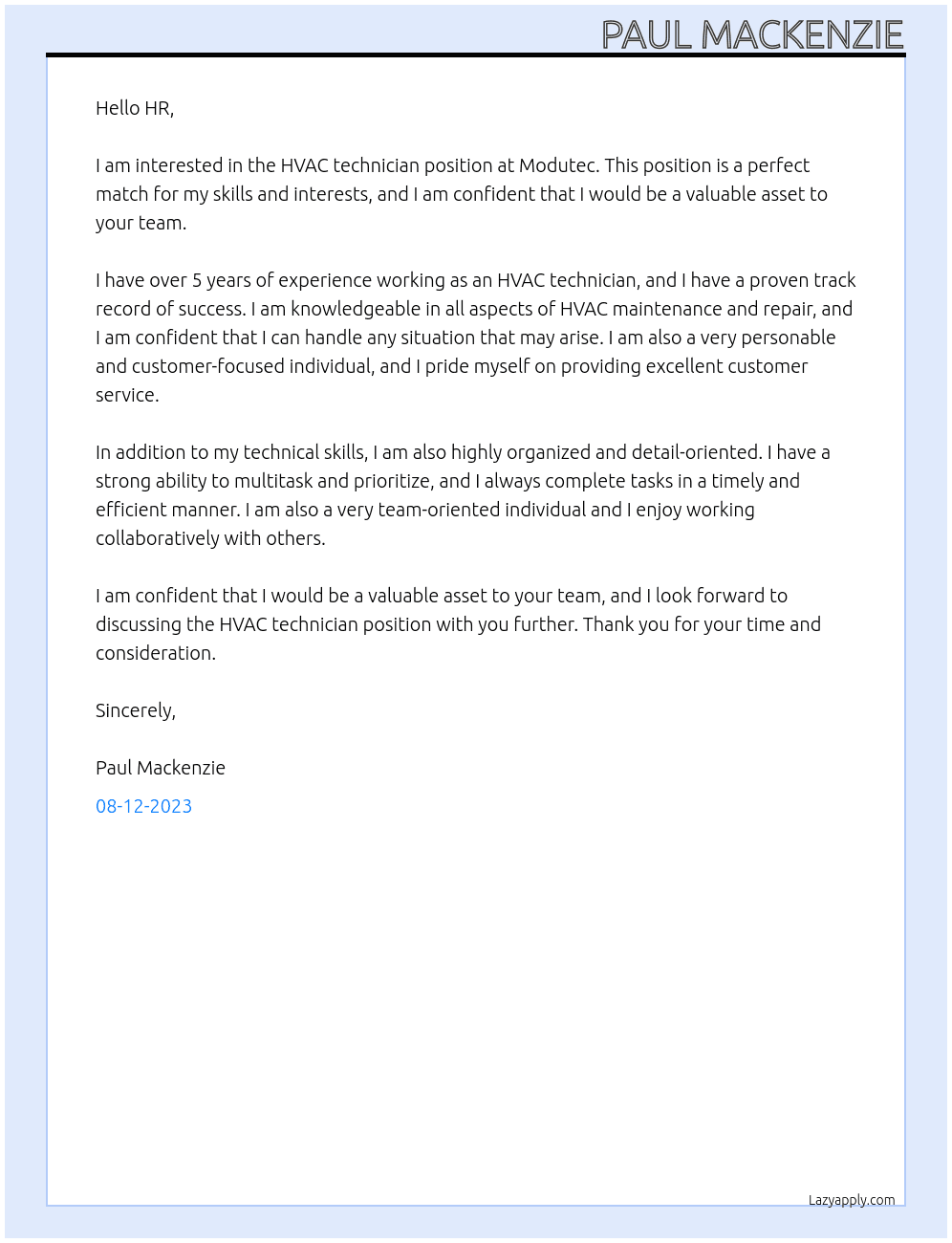 HVAC technician At Modutec Cover Letter