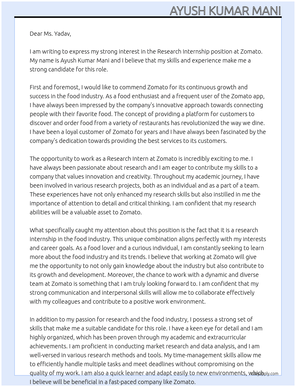 Research Internship At zomato Cover Letter