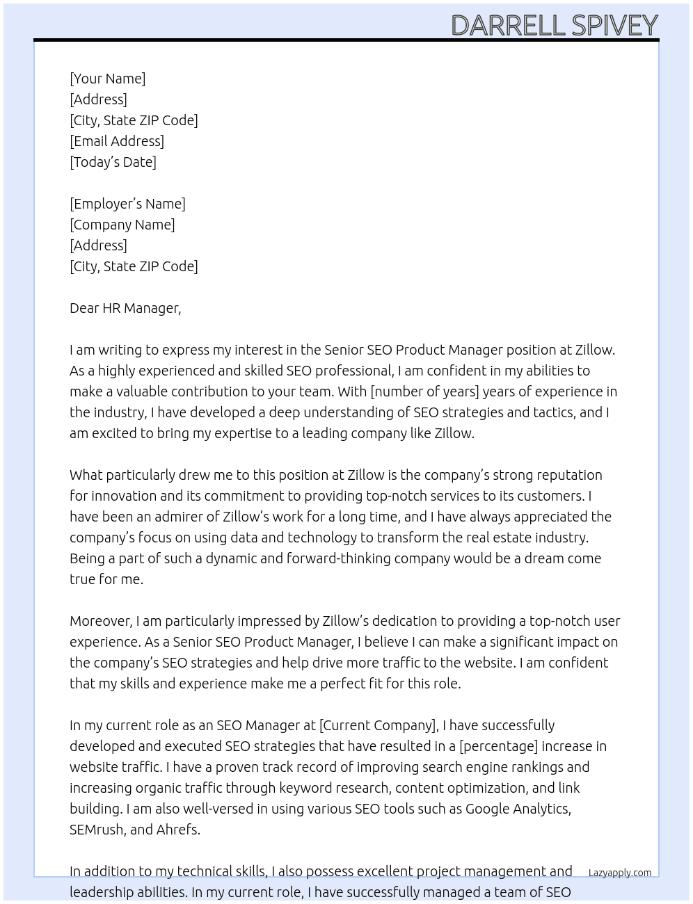 Senior SEO Product Manager At Zillow Cover Letter