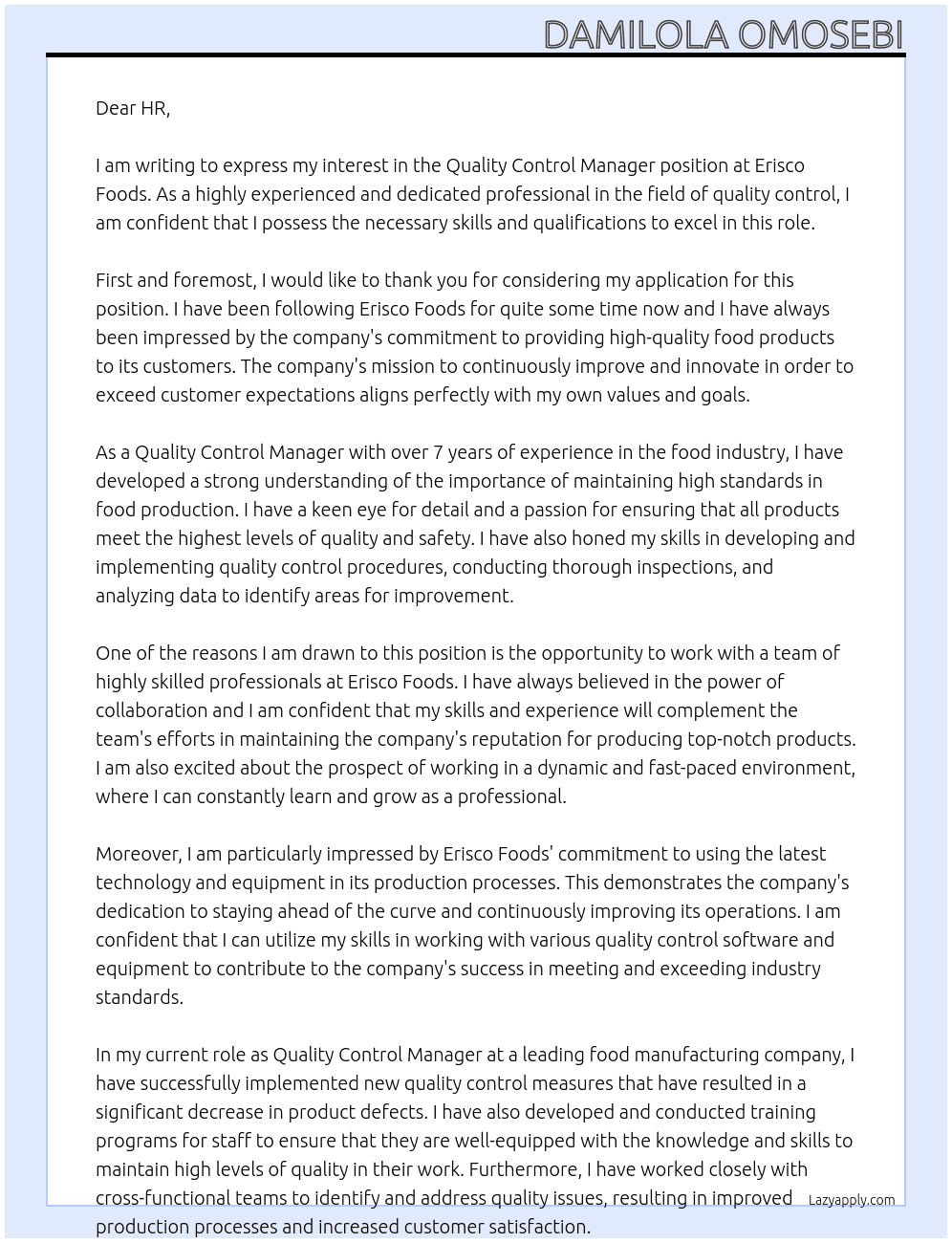 Quality Control Manager At Erisco Foods Cover Letter