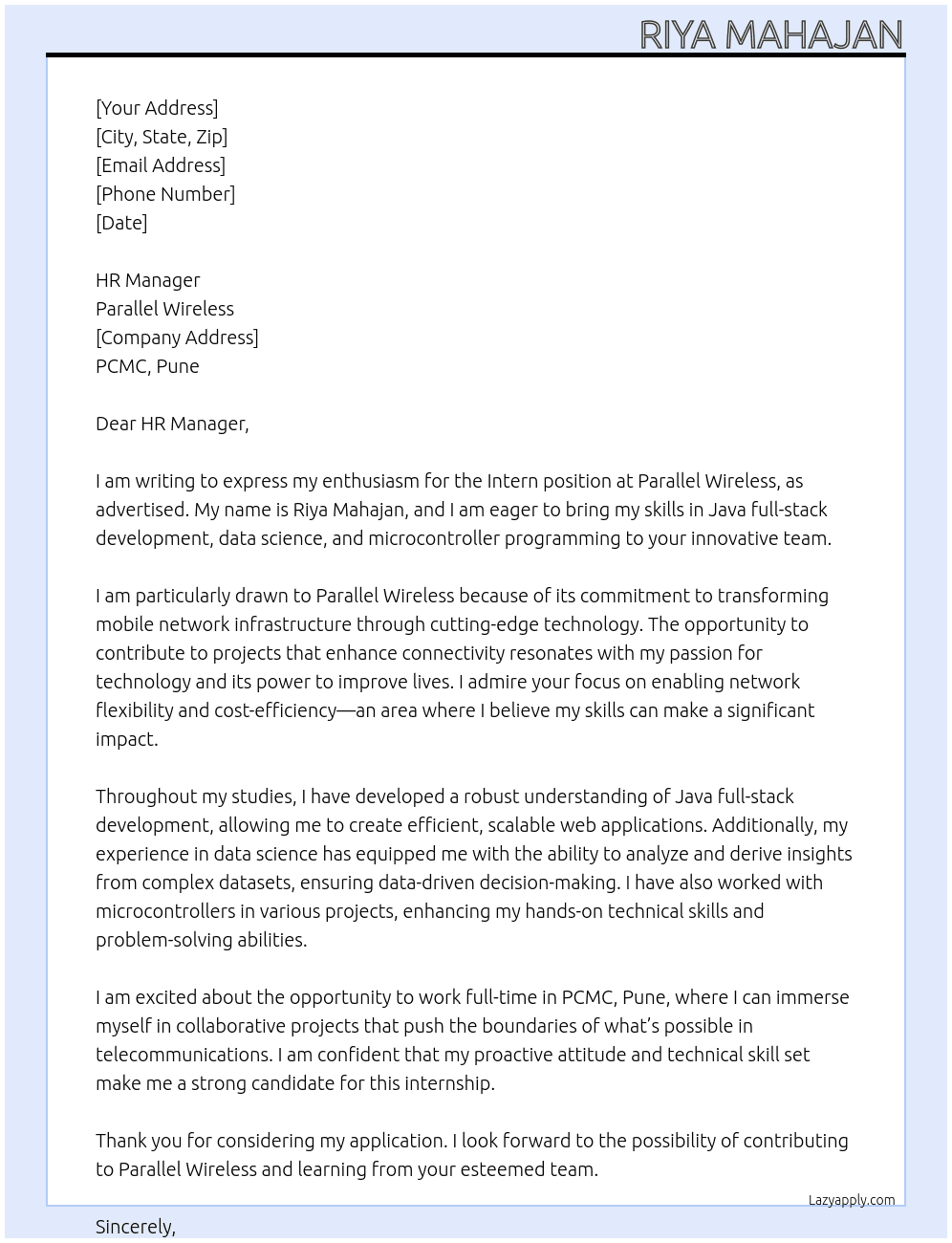 Intern  At Parallel wireless  Cover Letter