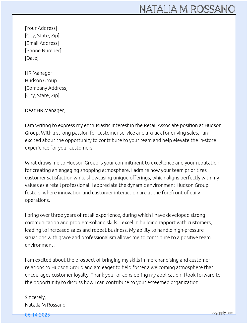 Retail Associate At Hudson Group Cover Letter