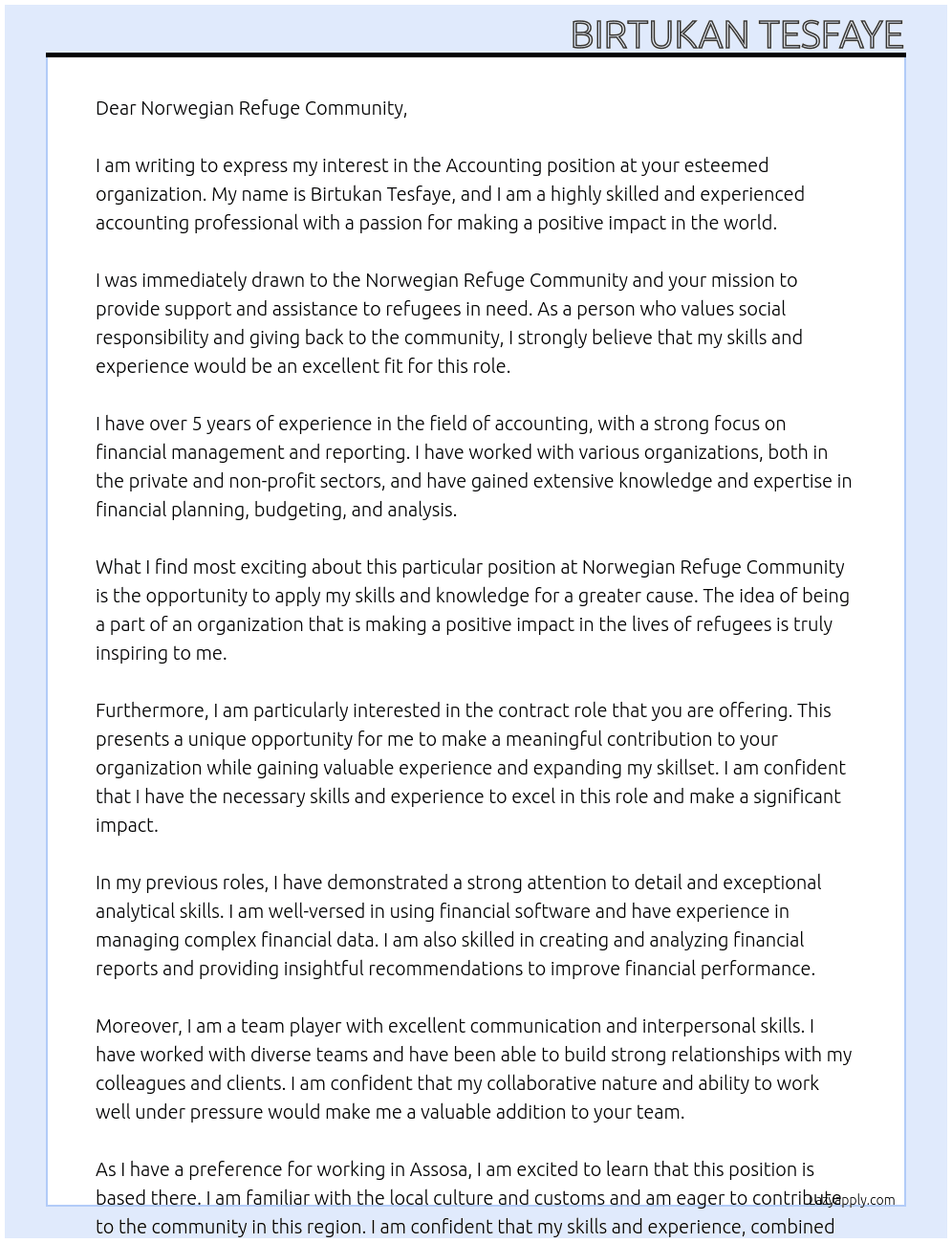 Accounting At Norwegian refuge community  Cover Letter