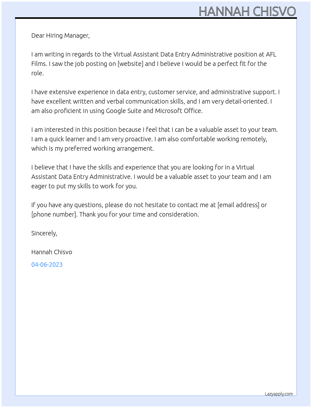 Virtual Assistant Data Entry Admnistrative At AFL Films Cover Letter