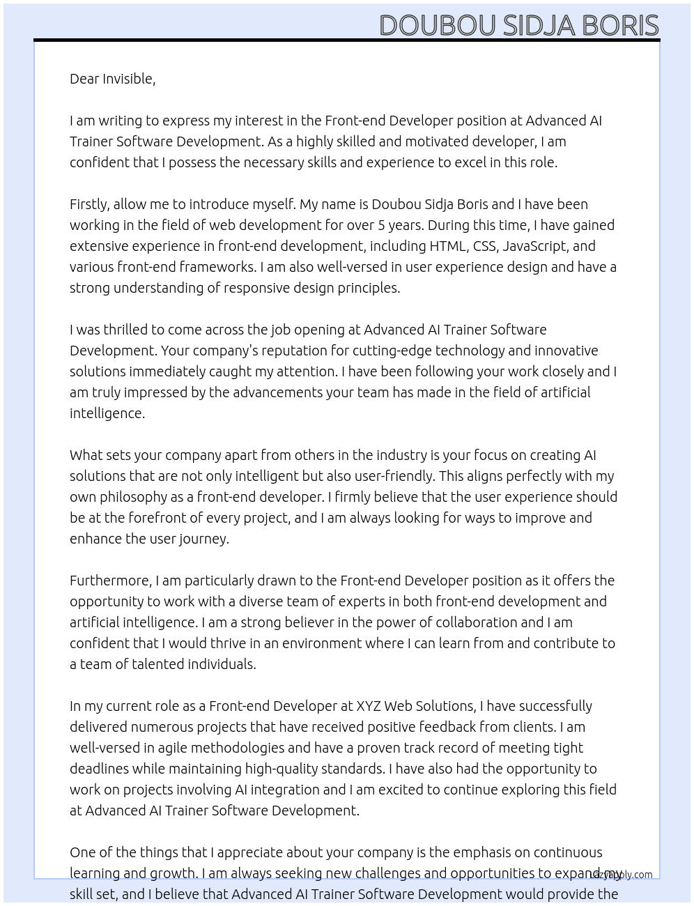 Front-end developer At Advanced AI Trainer Software Development Cover Letter