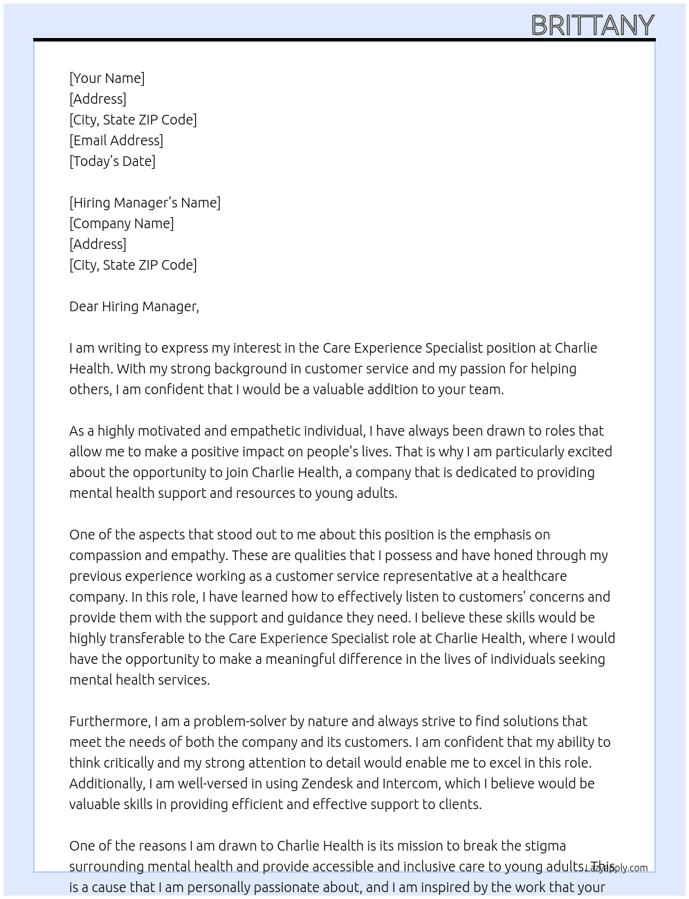 Care Experience Specialist At Charlie Health Cover Letter
