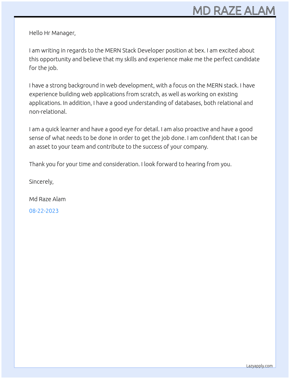 MERN Stack Developer At bex Cover Letter