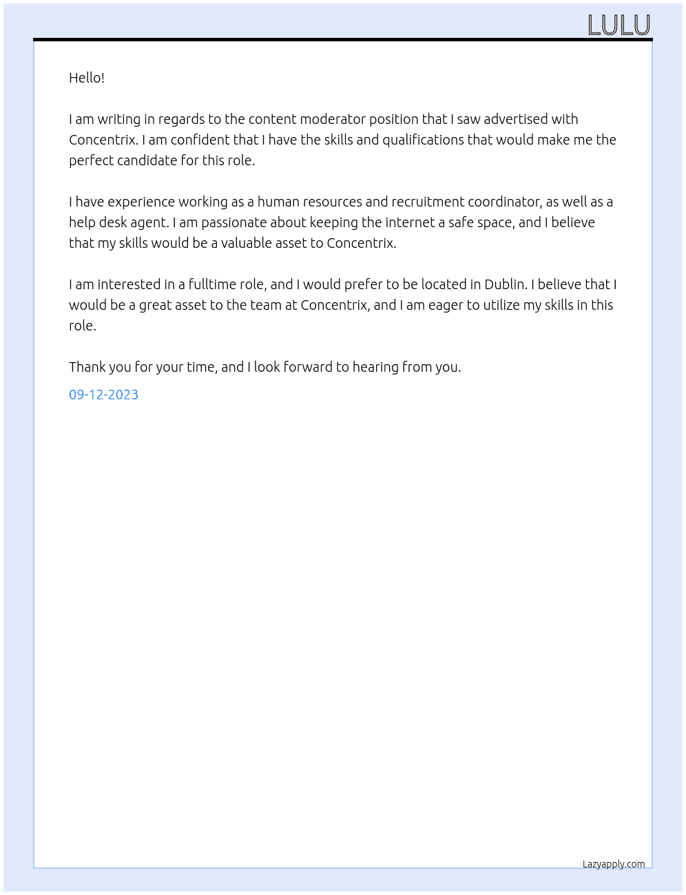 Content moderator At Concentrix Cover Letter