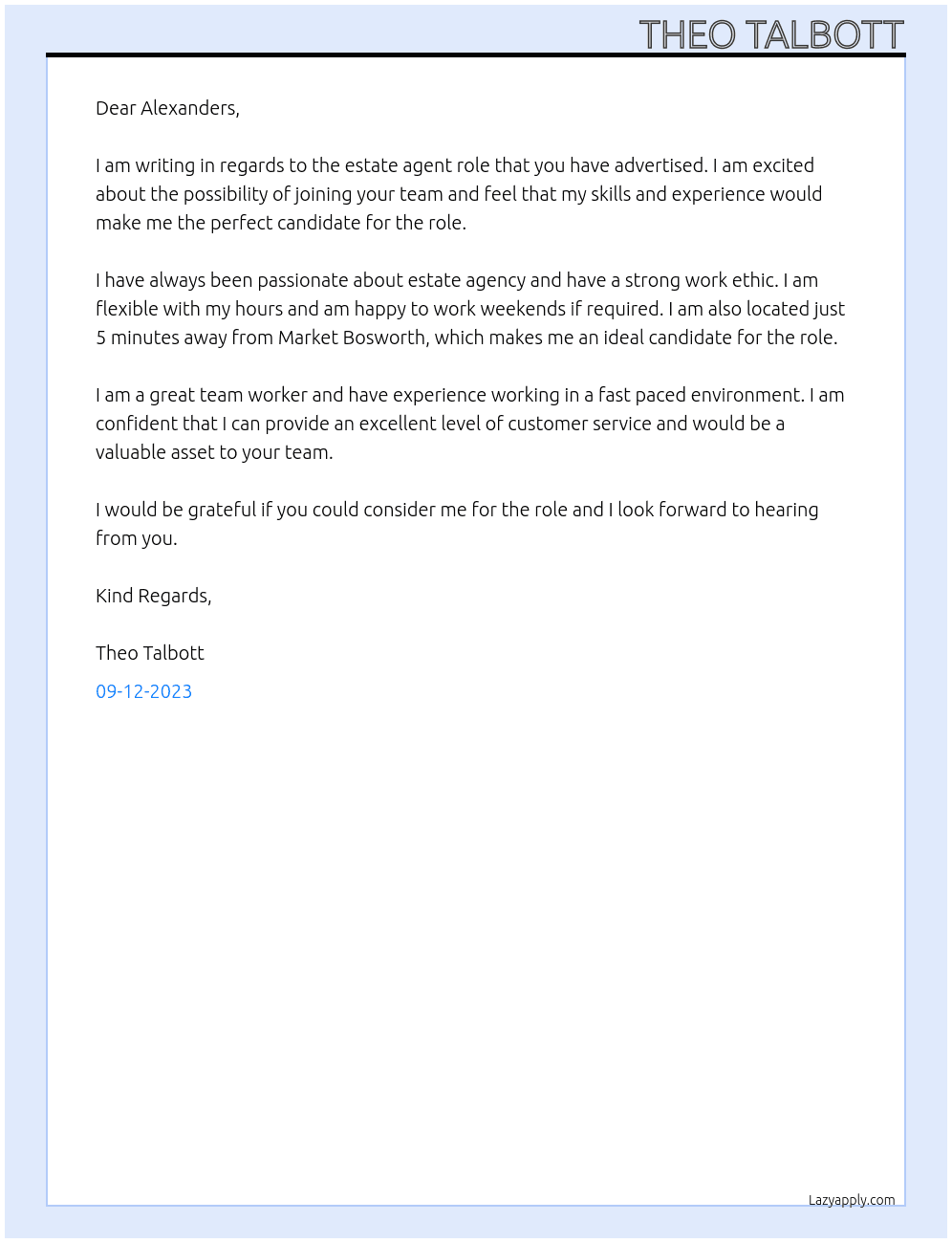 Estate agent At Alexanders Cover Letter